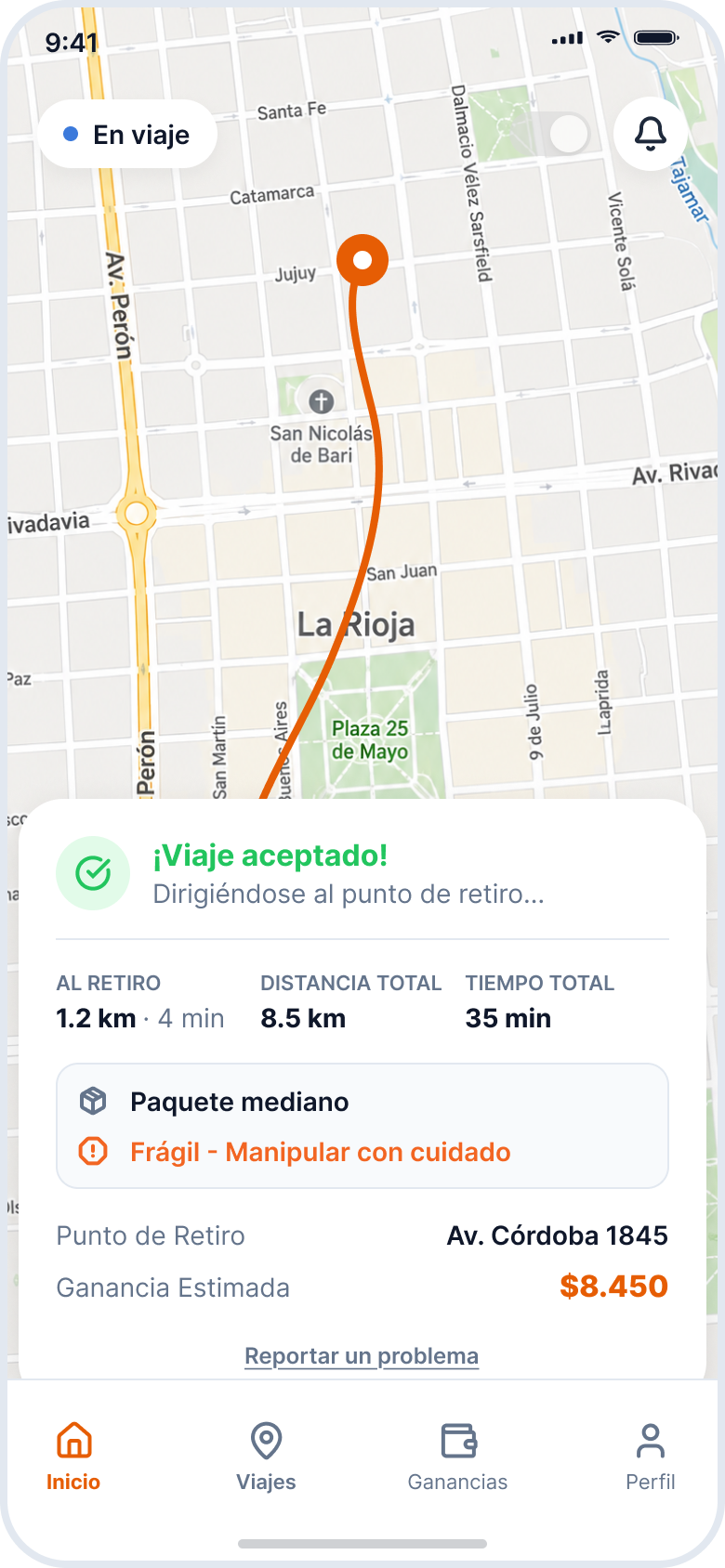 Aceptación de viaje con datos, destino y precio en RutArg